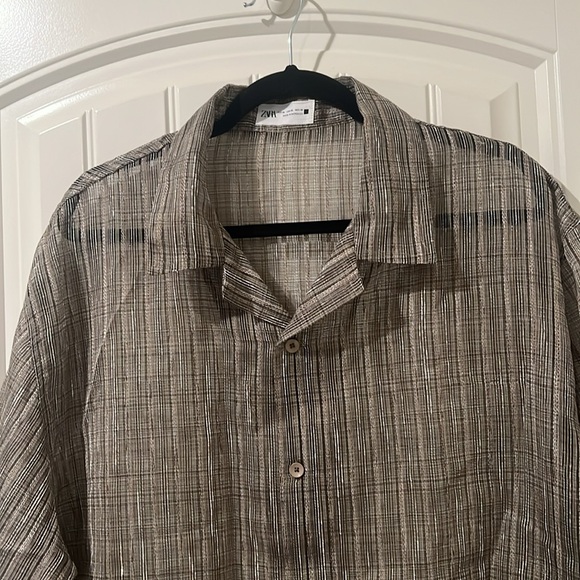 Zara Men's Open Weave Herringbone Textured Brown Button Down Shirt Size XL - Picture 3 of 7